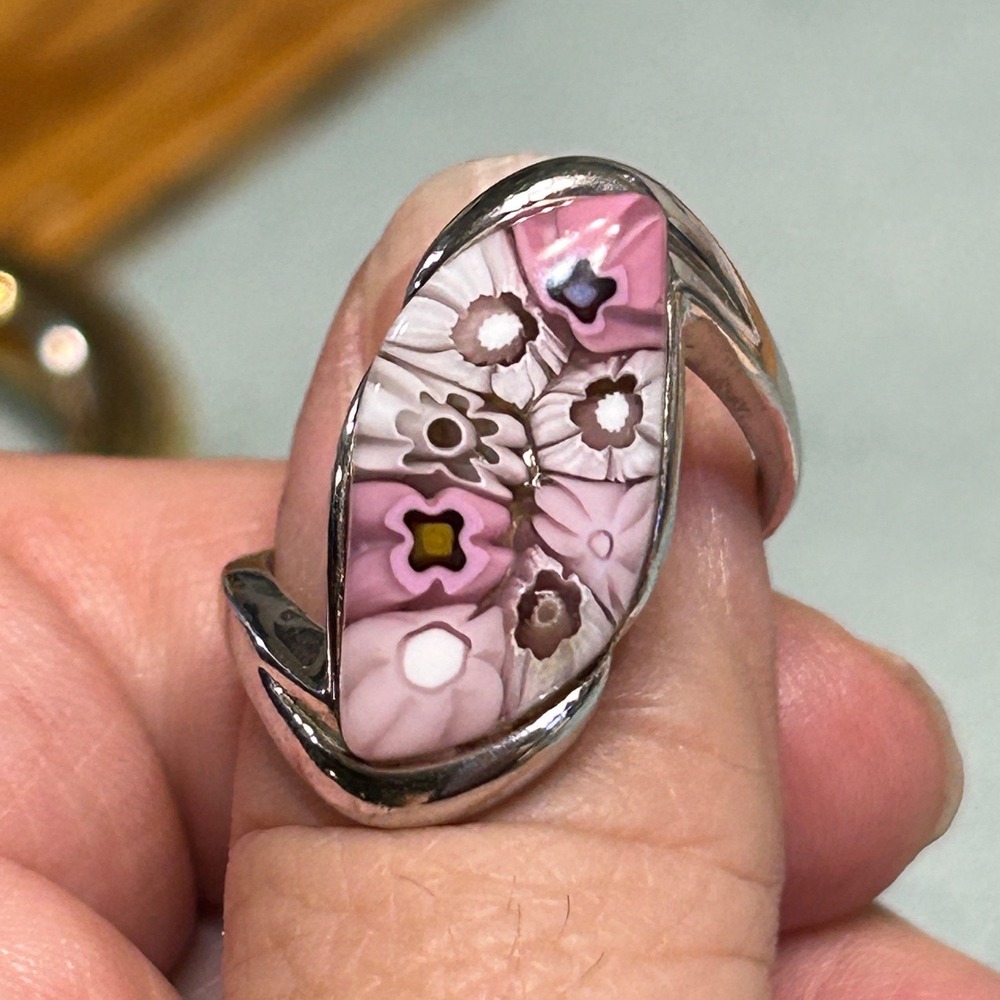 Alan K Signed Sterling Silver Murano Glass Pink Millefiori Flower Bypass Ring